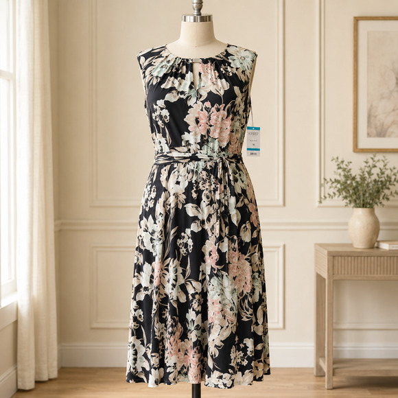 Kasper Dresses & Skirts - NWT Kasper Floral Pleated Neck Keyhole Midi Dress Size 16 Black Multi